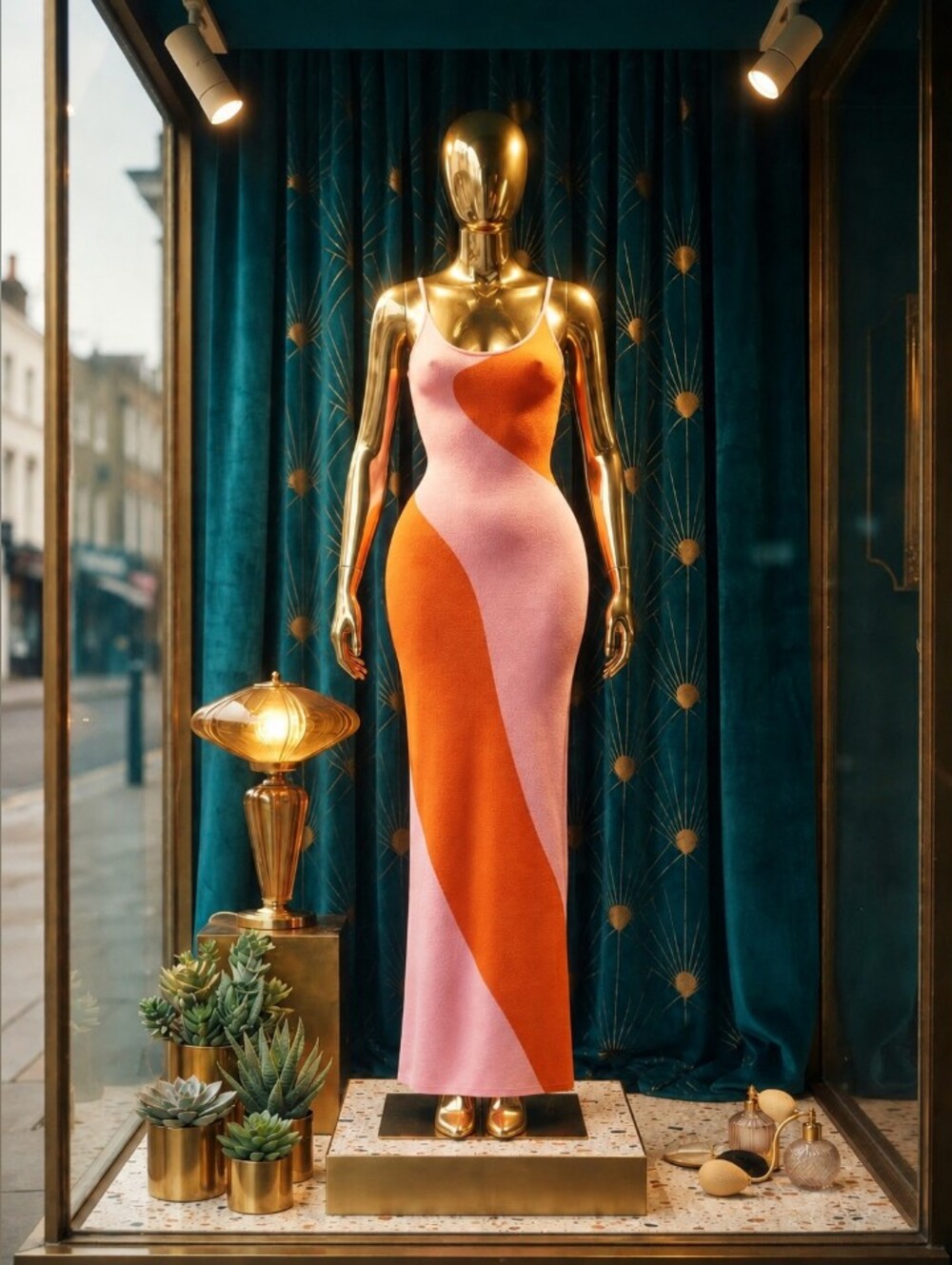 Retro Unique Sleeveless Jacquard Sweater Dress Pink & Orange Maxi